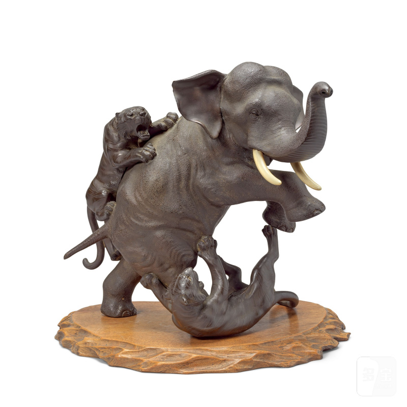 源龍斎誠谷 明治時代 銅象虎置物 | A BRONZE 'ELEPHANT AND TIGER' GROUP - 图3